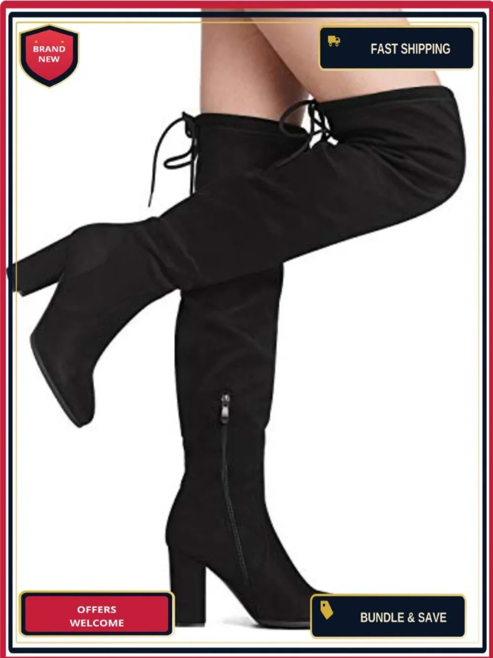 Stretch Faux Suede Thigh High Over the Knee Block Heel Boots with Faux Fur